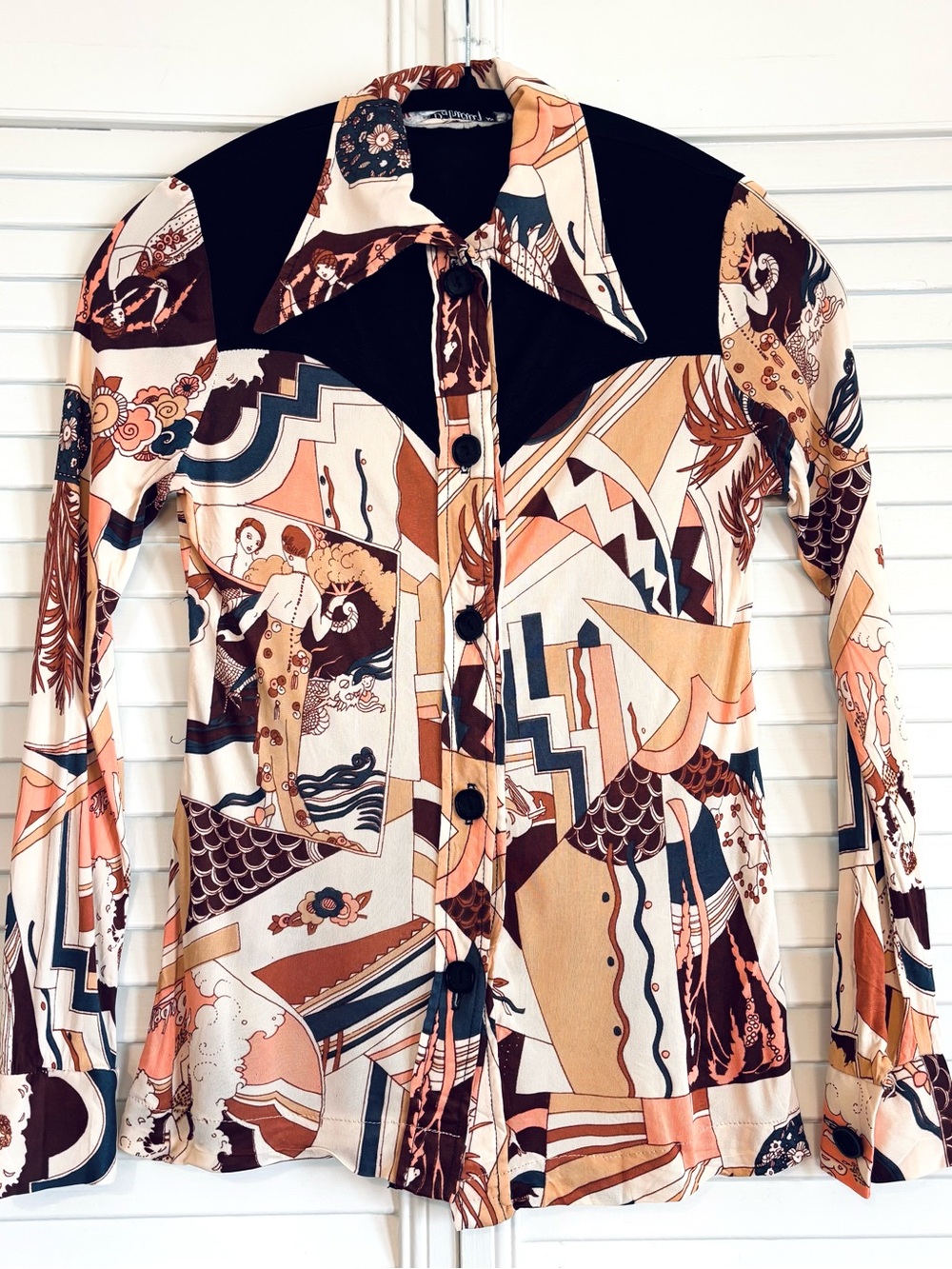 VTG 70s Patricia Fair Erte Novelty Print Disco Shirt Art Deco XS
